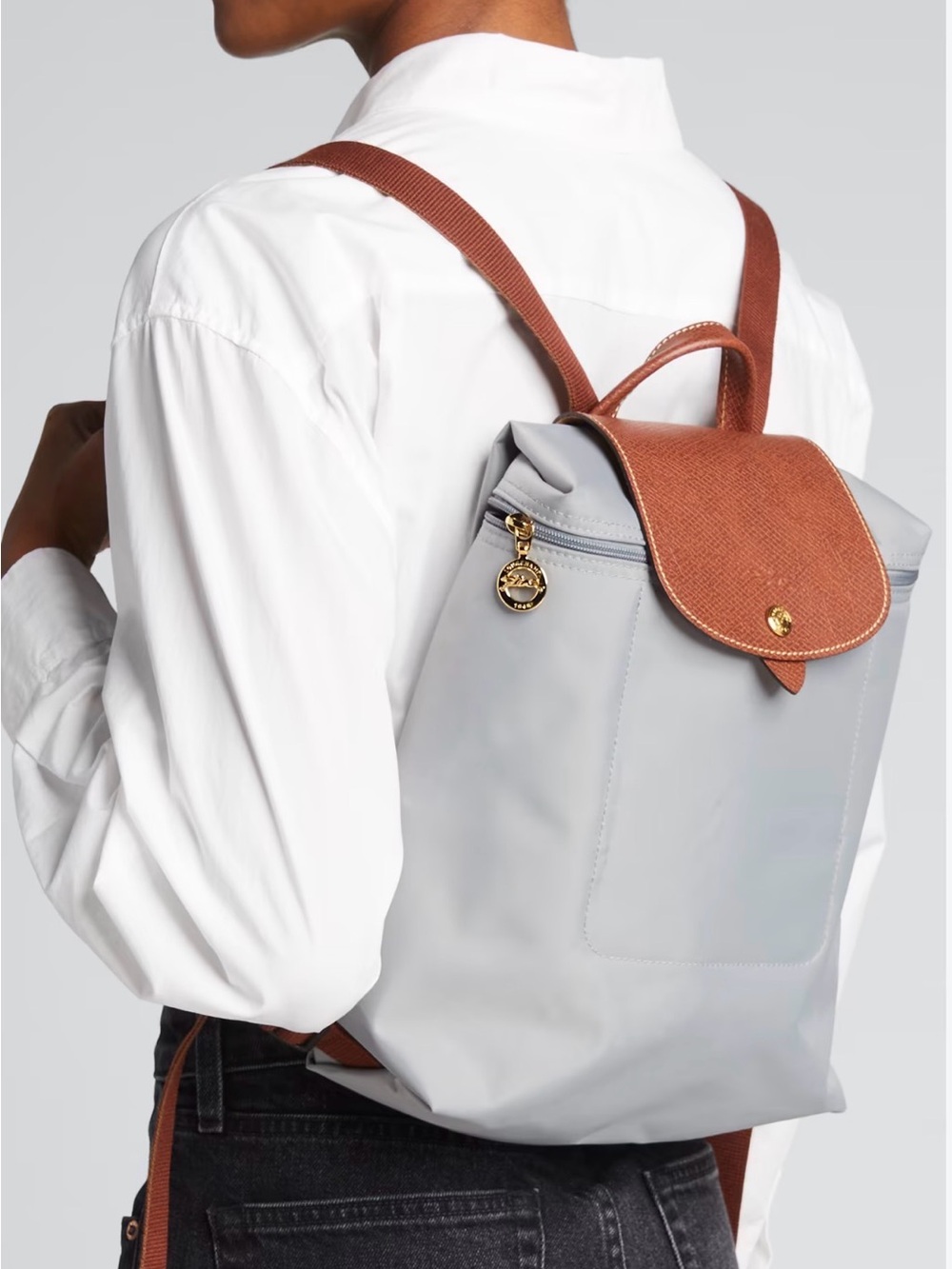 Longchamp Light Gray Nylon Backpack with Brown Leather Flap and Straps